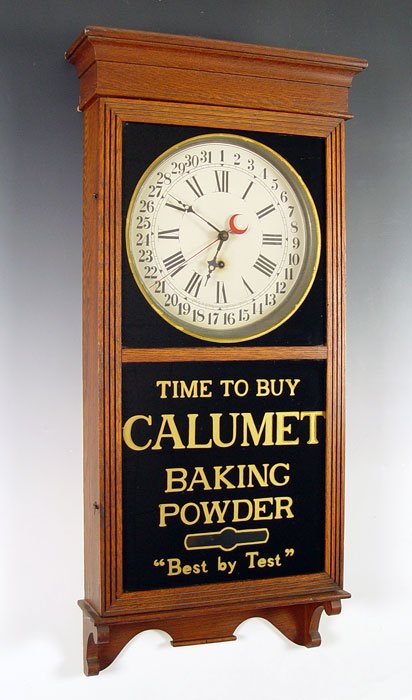 SESSIONS CALUMET BAKING POWDER ADVERTISING CLOCK: SESSIONS CALUMET BAKING POWDER ADVERTISING CLOCK: Oak case, Sessions movement with calendar hand. Original reverse painted glass. Measures 38" h. x 17".