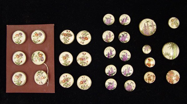 29 JAPANESE SATSUMA EARTHENWARE BUTTONS: 29 JAPANESE SATSUMA EARTHENWARE BUTTONS: Set of 12 matching, 1" dia. Set of 10 matching with purple wisteria, 1/2" dia. An additional 7 random patterns.