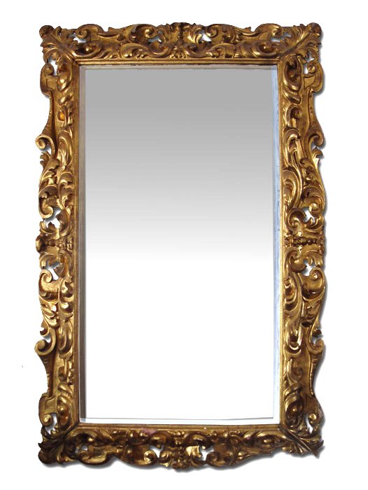 19TH C HAND CARVED GOLD GILT BEVELED MIRROR: 19TH C HAND CARVED GOLD GILT BEVELED MIRROR: Heavily carved and gessoed, polished gold gilt. Original beveled mirror. 69" h x 47" x 4".