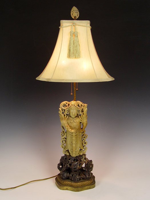 QUAN YIN CARVED SOAPSTONE FIGURAL LAMP: QUAN YIN CARVED SOAPSTONE FIGURAL LAMP: Figure measures approx. 15''h., overall lamp is 33''h., 8'' x 7'' base.