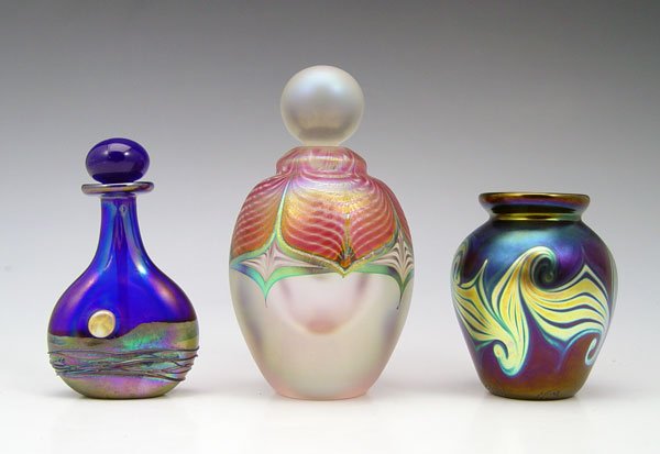 3 pc IRIDESCENT ART GLASS INCLUDE STUART ABELMAN : 3 PIECE GROUP CONTEMPORARY STUDIO IRIDESCENT ART GLASS: 1) Stuart Abelman iridescent pulled feather perfume bottle, 4 1/2", signed and dated 1984. 2) Illegibly signed 3" vase with gold swirls. 3) Ille