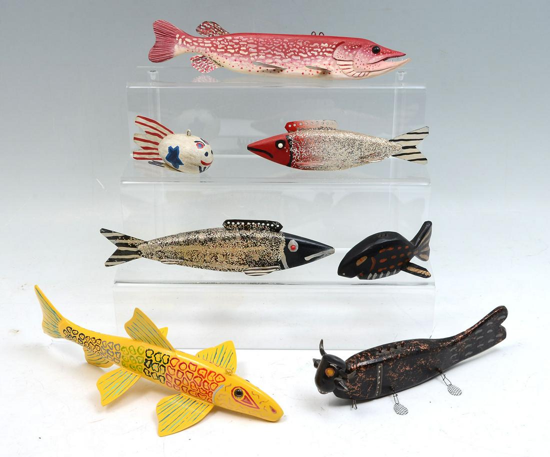SEVEN HAND-CARVED AND PAINTED FISH DECOYS (1 of 3)