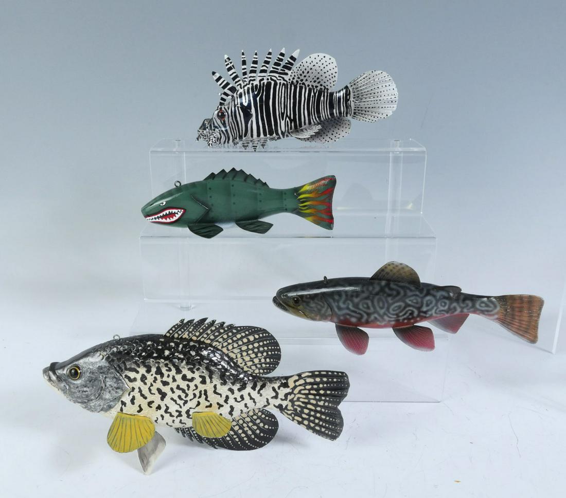 FOUR PIECE JOHN LASKE REALISTIC FISH DECOY LOT: FOUR PIECE JOHN LASKE REALISTIC FISH DECOY LOT: 1) Trout Type Lure, 9.75'' in length, signed and dated '12; 2) Tribute to the Fighting Tigers Airplane Inspired Design Fish Decoy, 8'' in length, faux s