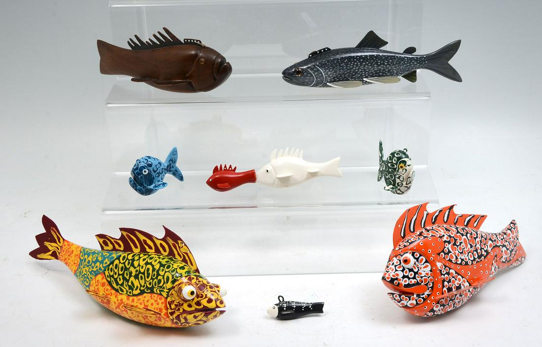 EIGHT HAND-CARVED AND PAINTED FISH DECOYS BY TIM S (1 of 3)