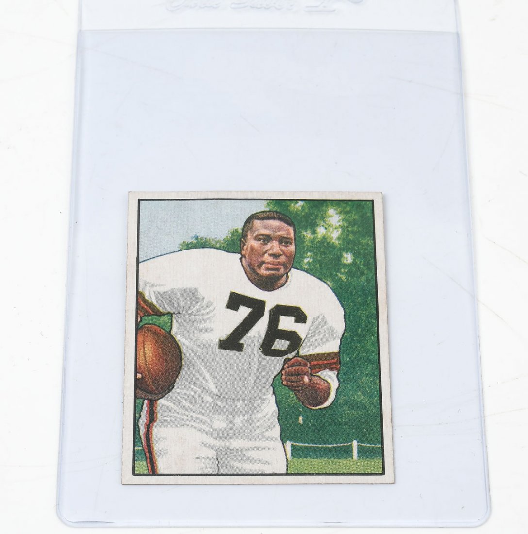 1950 BOWMAN FOOTBALL CARD MARION MOTLEY ROOKIE: 1950 BOWMAN FOOTBALL CARD MARION MOTLEY ROOKIE: Star running back of the Cleveland Browns, this card exhibits exceptional centering and corners.