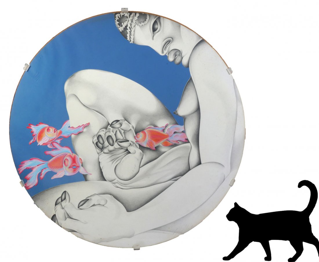 LARGE SHELLY LAFFAL PAINTING "IT CAN BE SO CHILLIN'": LAFFAL, Shelly, (American, b. 1952): "It Can Be So Chillin'", Pastel and Pencil of a Female Nude with Siamese Fighting Fish, 46.5" in diameter, protected by Plexiglass, backed by Plywood, signed on th