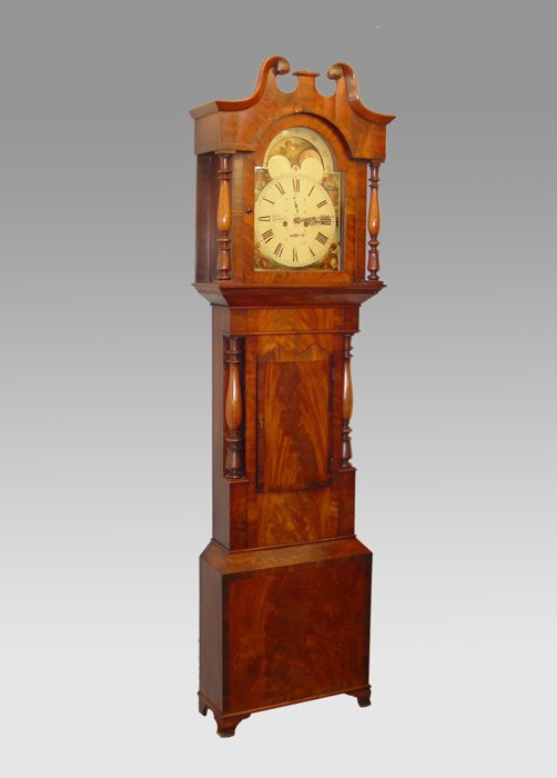 LARGE FOSTER ENGLISH LONGCASE CLOCK: LARGE FOSTER ENGLISH LONGCASE CLOCK: Marked Foster Manchester on face, most likely for William Foster, circa 1780-1809. Handpainted face featuring vignettes of American Indian, European, Middle Easter