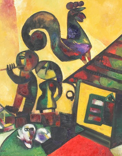 LEO ROTH SURREAL PAINTING: ROTH, Leo, (Israel, 1914-2002): Abstract Man playing Flute with Woman and Rooster, OIL/Canvas, 39 1/2" x 32", monogrammed, signed verso, framed, 47 1/2" x 40".
