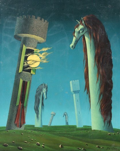 PIERRE INO SURREAL FRENCH PAINTING: INO, Pierre, (French, 1909-): Surreal Nocturnal Scene with Horses and Castles Emerging From the Earth, Oil/Canvas, 16" x 13", signed, framed, 20" x 16 1/2".