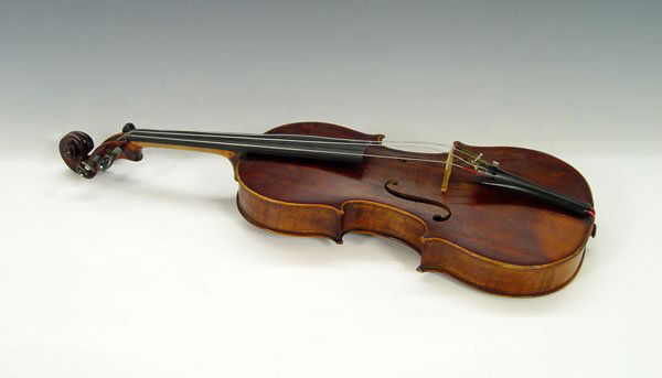 SCHOOL OF LUPOT VIOLIN & 2 BOWS, CASE: SCHOOL OF LUPOT VIOLIN & 2 BOWS: Unique painted design with fruit on back. Labeled Nicholas Lupot, Luthier, rue Croix - des - Petits - Champs, a Paris, l' an 1801. Measures 23 1/2" long. Sold with fit