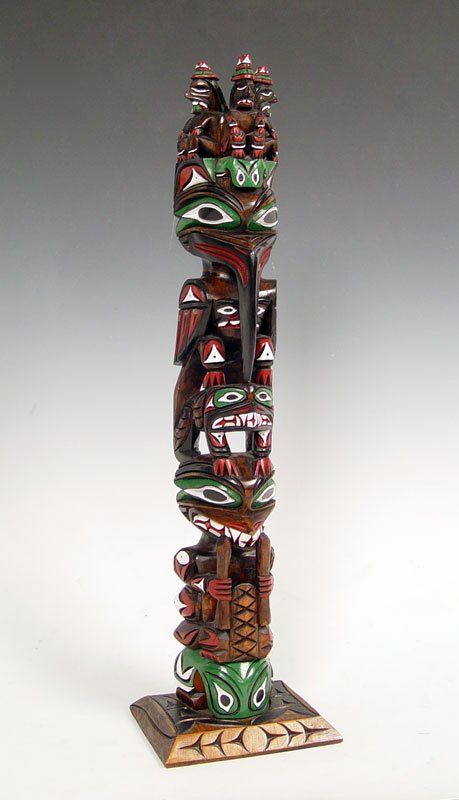 RICKY WILLIAMS NORTHWEST COAST TOTEM: WILLIAMS, Ricky L., (American, 20th C.): Carved Northwest Totem, Wood Sculpture, signed, 25" h.