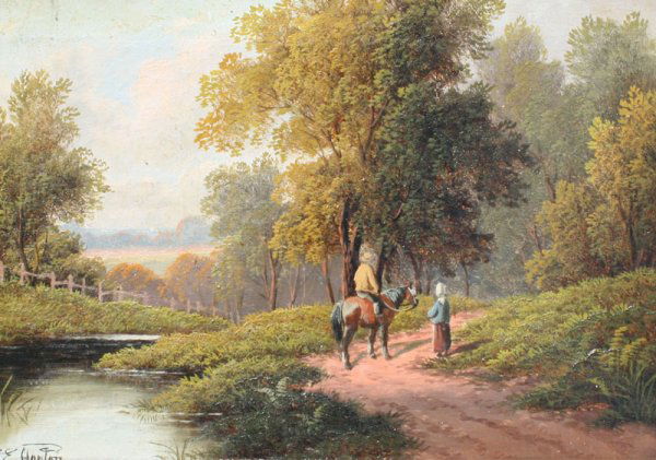 LANDSCAPE PAINTING AFTER ETTY HORTON: HORTON, Etty, after(British, -1905): Figures Along a Path, OIL/Canvas, 10" x 14", signed, gilded gesso frame with gold paint, 14" x 18".