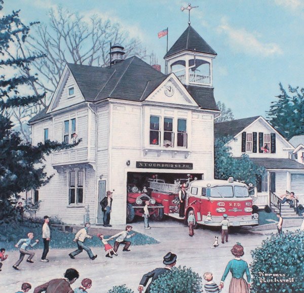 ROCKWELL FIRE DEPARTMENT LITHOGRAPH: ROCKWELL, Norman, (American, 1894-1978): Stockbridge Fire Department, Lithograph, sight size 23 1/2" x 23", pencil signed, worn wood frame, 35" x 34", damaged plexiglass.