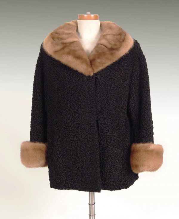 PERSIAN LAMBS WOOL AND MINK JACKET: PERSIAN LAMBS WOOL AND MINK JACKET: Evans of Chicago Paris Milan, fully lined, pockets, hook closure, approx. 26"l.