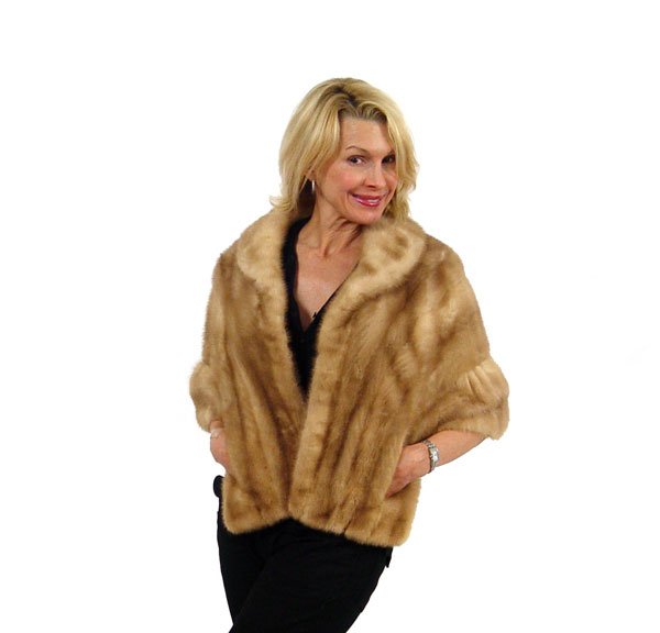 MINK SHRUG STOLE: MINK SHRUG STOLE: Tropical Furs of St. Petersburg Florida, (with hanger), fully lined, right pocket labeled "Fur Authority Manufactured under Fair Labor Standards", left pocket labeled "EMBA Pastel Na