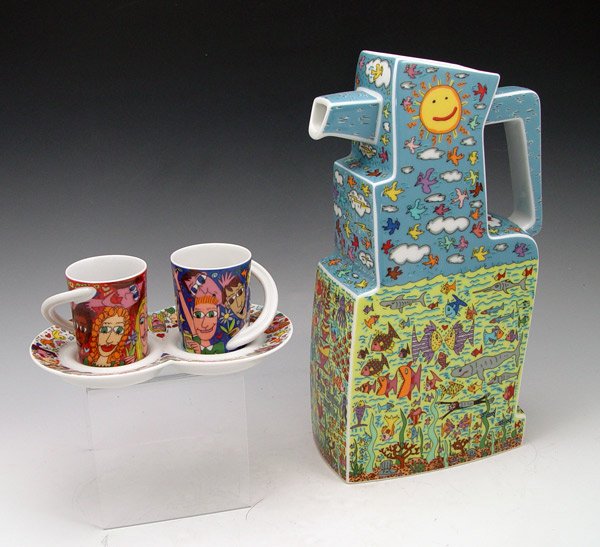 JAMES RIZZI ROSENTHAL COFFEE SET: JAMES RIZZI ROSENTHAL COFFEE SET: Coffee pot and 2 cups on a single saucer decorated in the wild and playful designs the pop artist James Rizzi is known for. Pot measures 11 1/2"h. x 6 1/2" x 3 1/4";