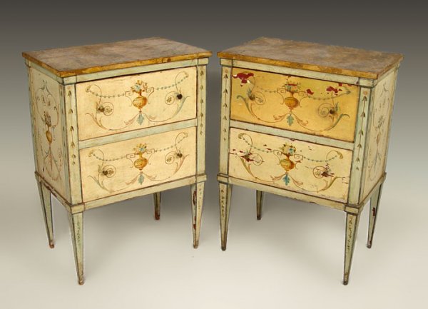 PR OF 19TH C PAINT DECORATED ITALIAN 2 DRAWER STAN: PAIR OF 19TH C PAINT DECORATED ITALIAN 2 DRAWER STANDS: Classic urn and floral decoration on blue/green background. Faux marble top, Bell flower design down front and on tapered legs. Brass drawer pul