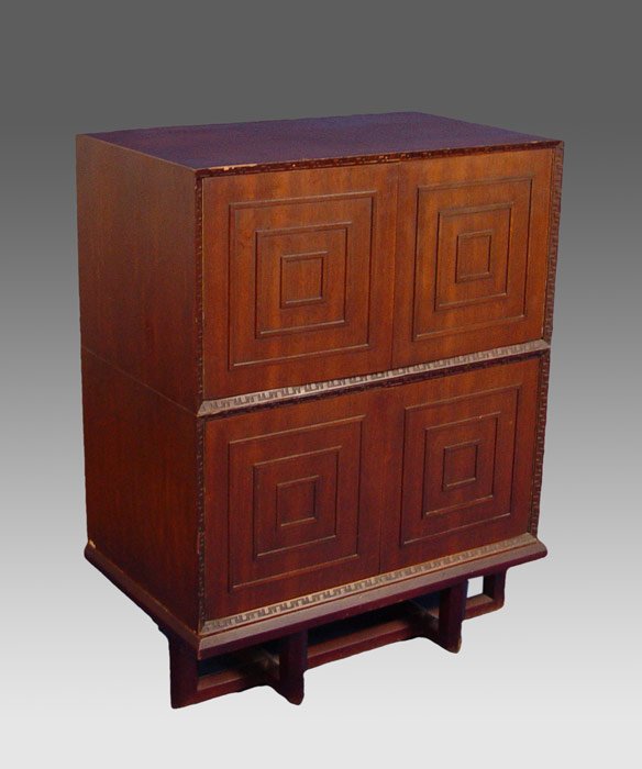 FRANK LLOYD WRIGHT HENREDON CHEST ON CHEST: FRANK LLOYD WRIGHT HENREDON CHEST ON CHEST: 2 separate chests on removable stand. Designed by Frank Lloyd Wright. Measures 43 3/4" h. x 33 1/2" x 20".