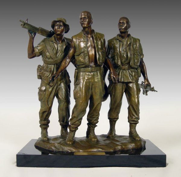 FREDERICK HART "THREE SOLDIERS" BRONZE VIETNAM VET: HART, Frederick, (American, 1943-199): "Three Soldiers", Patinated Bronze, Vietnam Veteran's Memorial, 137/950, 18" h., 15" w., 1 1/2" marble plinth, incised signature.