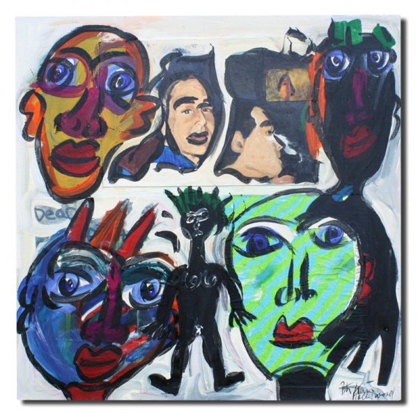 LARGE PETER KEIL MIXED MEDIA PAINTING NEW YORK '93: KEIL, Peter, (German, 1942-): "The New York People", Mixed Media Oil/Canvas with Collage, 48" x 48", signed, dated '93 and titled verso. From the artists personal collection. Keil was one of the early