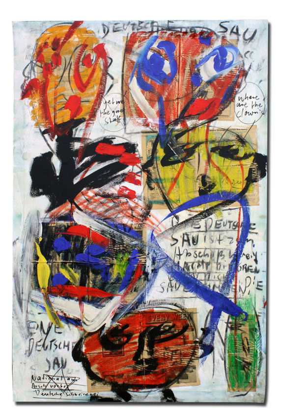 LARGE PETER KEIL MIXED MEDIA PAINTING '81: KEIL, Peter, (German, 1942-): "Die Deutsche Tierchau" Mixed Media Oil/Canvas with Collage, 39" x 39", signed, titled and dated verso '81. From the artists personal collection. Keil was one of the earl