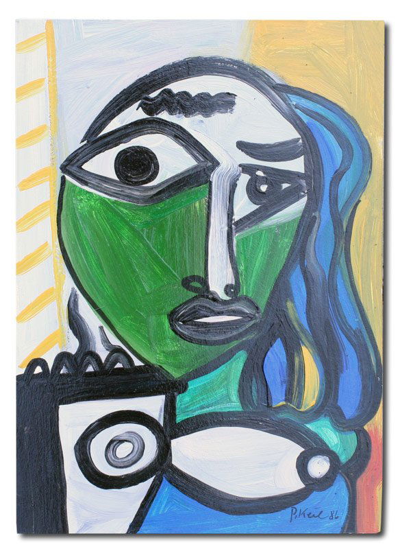 PETER KEIL PAINTING SPANISH WOMAN '86: KEIL, Peter, (German, 1942-): "Woman of Spain", OIL/Masonite, signed, dated '86, titled verso, 17 3/4" x 19 3/4", unframed. From the artists personal collection. Keil was one of the early Neo-Expressi