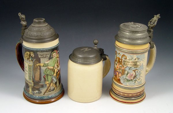 3 METTLACH / GERMAN STEINS 1526 2271 AND OTHER: 3 METTLACH / GERMAN STEINS 1526 2271 AND OTHER: To include 1) Undecorated 1526 1/2 L. stein. Engraved monogram N on lid. Impressed 1526 mark. 6" h. to thumbpress x 4" base dia. 2) 2271 1/2 L. PUG of t
