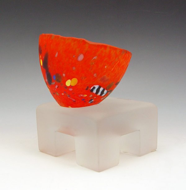 BERTIL VALLIEN FOR KOSTA BODA ATELIER SWEDISH ART: BERTIL VALLIEN FOR KOSTA BODA ATELIER: Asymmetrical orange frosted bowl on satin glass base, 5 1/2" X 4" overall. Signed and numbered.