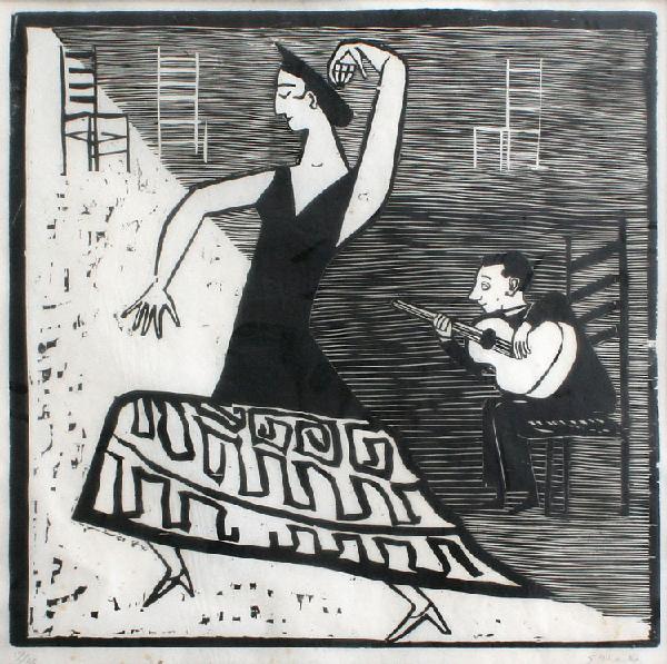 GERHARD MARCKS BAUHAUS WOODCUT: MARCKS, Gerhard, (German, 1887-1981): The Dance, Woodcut on , 24 1/2'' x 19'' with margins, signed in pencil, numbered 17/35, mounted with tape at the top margin, framed, 27 1/2'' x 26 1/4''.