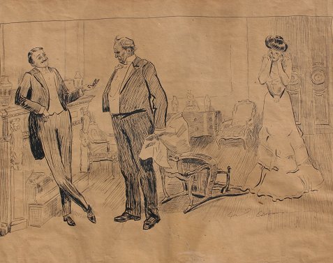 C.D. GIBSON ILLUSTRATION DRAWING: GIBSON, Charles Dana, (American, 1867-1944): Interior Scene, Pen & Ink, 16'' x 20, signed, unframed.