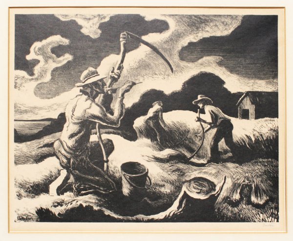 THOMAS HART BENTON ISLAND HAY AAA LITHOGRAPH: BENTON, Thomas Hart, (American, 1889-1975): ''Island Hay'', Lithograph, 11 1/2'' x 14 1/8'', executed in 1945, edition of 250, published by Associated American Artists (Fath, 68), pencil signed ''Bent