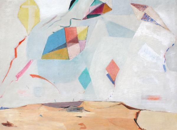 LOUIS RIBAK VIEW FROM A WHITE KITE PAINTING: RIBAK, Louis, (American, 1902-1979): "View from a White Kite", OIL/Masonite, 36" x 48", signed, titled verso, affixed original label, dated '57, contemporary frame, 39" x 51".