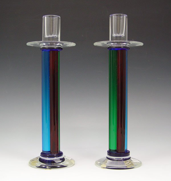 SIMONE CENEDESE MURANO GLASS CANDLE HOLDERS: SIMONE CENEDESE MURANO GLASS CANDLE HOLDERS: Fused rods of color, 10"h.