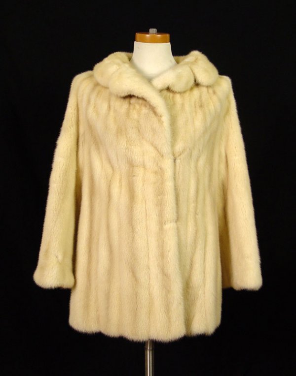 BLONDE MINK JACKET: BLONDE MINK JACKET: Long sleeve, full collar with lapel. 29" length, 15" inside sleeve, embroidered lining. Florida Fur Fashions New York St. Petersburg label.
