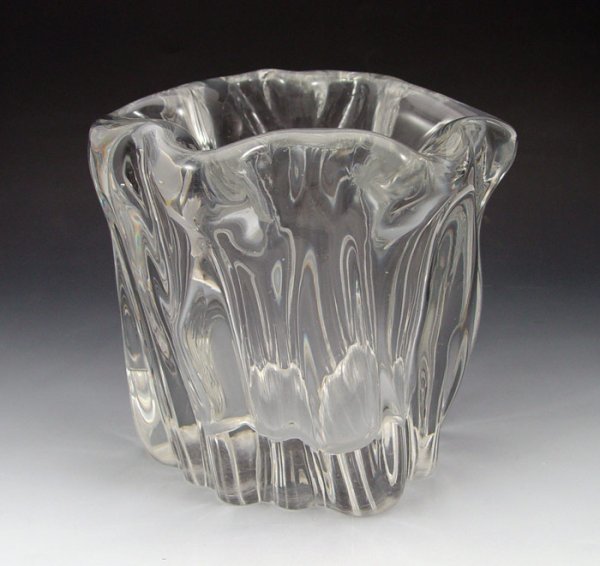 TAPIO WIRKKALA HEAVY FREEFORM CLEAR GLASS VASE: TAPIO WIRKKALA HEAVY FREEFORM CLEAR GLASS VASE: Signed on base rim plus 117FALA?, 6 1/2"h. x 7" x 7 1/2", 12 pounds.