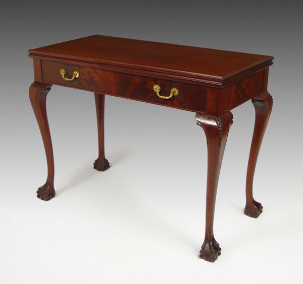 MAHOGANY BALL & CLAW DINING / FOYER TABLE: FINE MAHOGANY BALL AND CLAW DINING / FOYER EXTENSION TABLE: Perfect for smaller quarters or just when one needs extra seating. The top flips and a leaf is inserted to make a 56" long table. With leaf