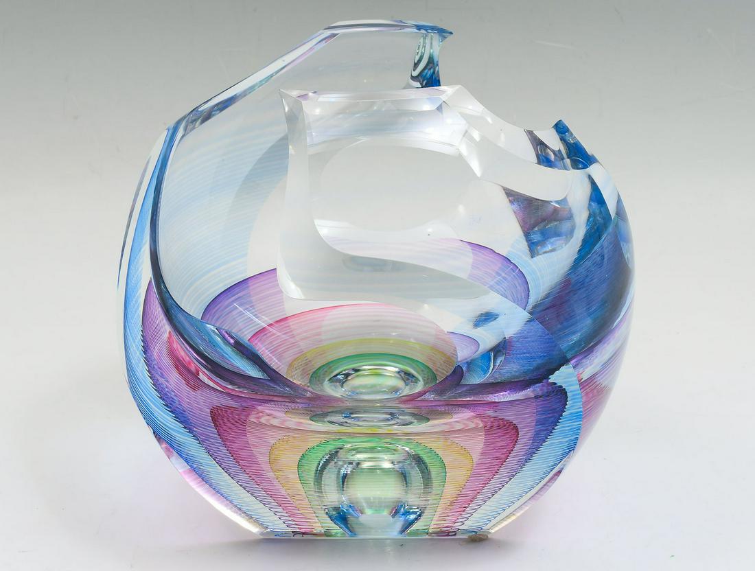 MICHAEL DAVID & KIT KARBLER ART GLASS VASE: MICHAEL DAVID & KIT KARBLER ART GLASS VASE: #689153, signed by both artists at underside. Approx. 8.25'' h x 8.5'' l x 7.75'' w. Kit Karbler and Michael David are known for their innovative hand-blown