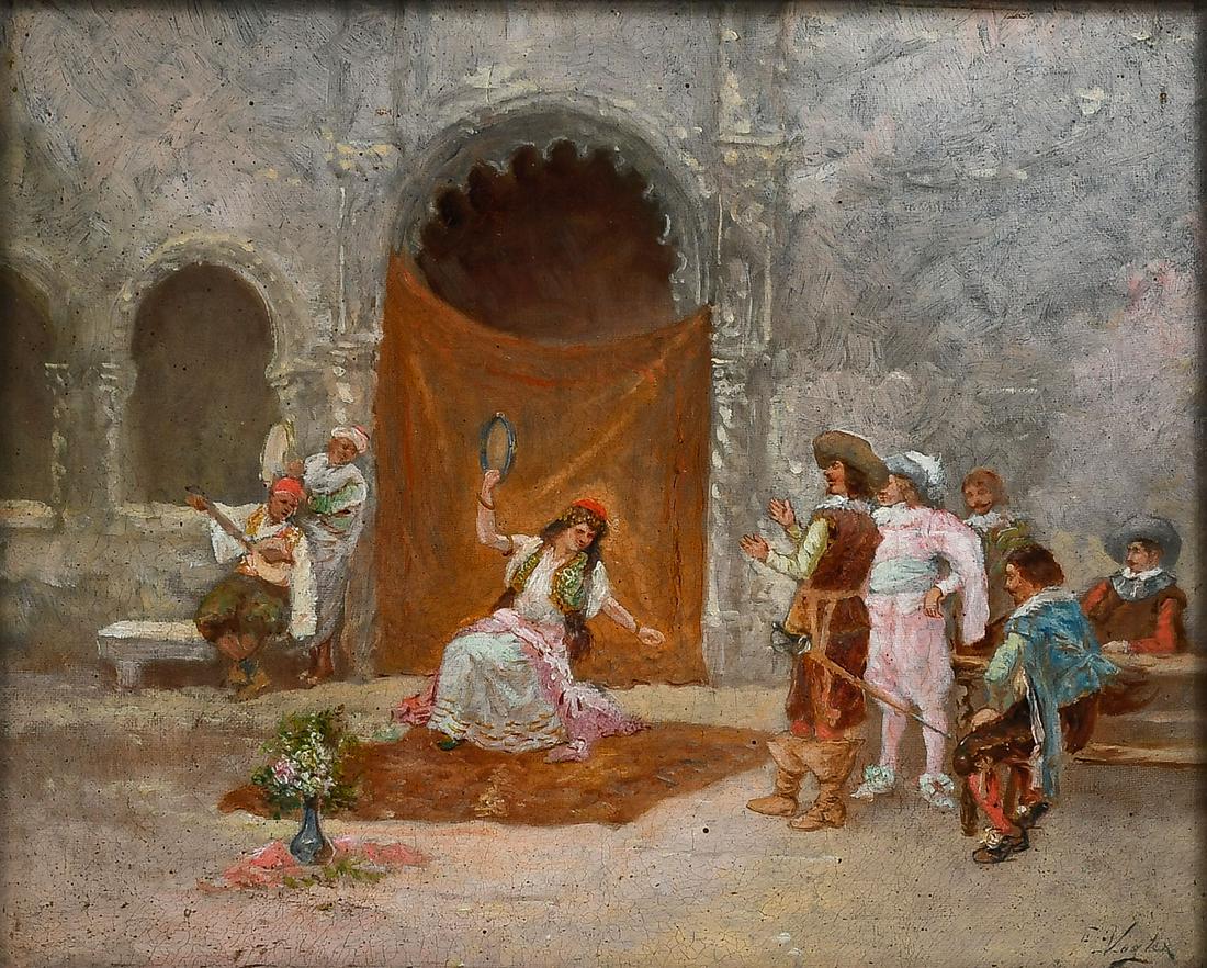 F. VOGLER GYPSY DANCER PAINTING: VOGLER, Fritz, (French, 19th Century): Gypsy Dancer with Cavaliers Onlooking, Oil/Canvas, 13.25'' x 16'', signed lower right, carved and painted gesso frame, 21'' x 24''.