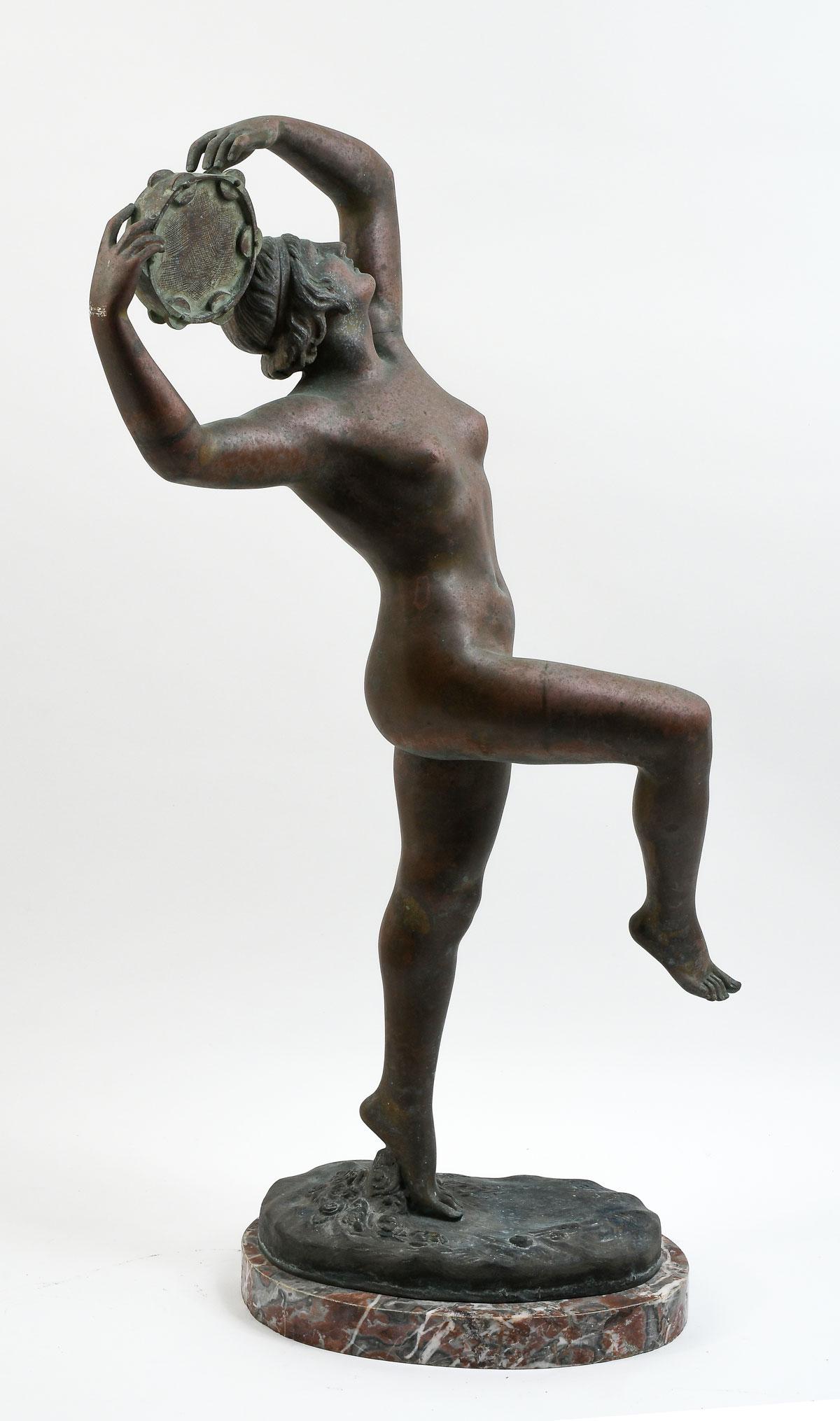 TALL OSCAR LAURENT DE BEUL BRONZE NUDE STATUE: TALL OSCAR LAURENT DE BEUL BRONZE NUDE STATUE: (Belgian, 1881-1929): Young Female Nude Tambourine Musician Sculpture, Approx. 26.25'' x 9'' x 12'', signed O. DeBeul and stamped Paternotte Fondeur Lemb