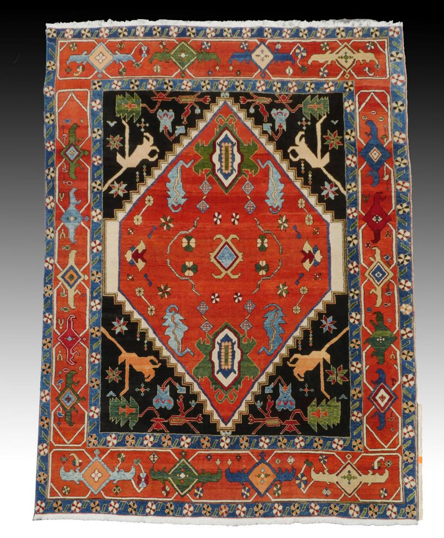 TURKISH AVSHAR HK WOOL RUG, 10'2'' X 13'8'': TURKISH AVSHAR HAND KNOTTED WOOL RUG, 10'2'' X 13'8'': This vibrant rug has a large diamond shaped rust/red center separated from the black corners by a stepped row of beige and white bands. Colorful 