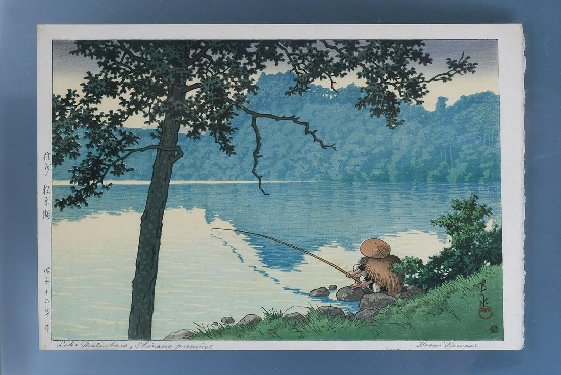 HASUI KAWASE WOODBLOCK PRINT "LAKE MATSUBARA, SHINANO": KAWASE, Hasui, (Japanese, 1883-1957): "Lake Matsubara, Shinano Province", Woodblock Print, 10" x 15.5", pencil signed lower right, titled lower left, seal in left margin, unframed.