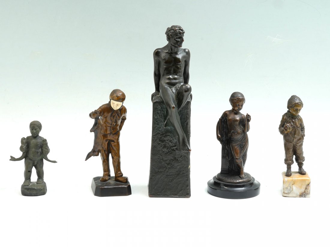 5 PC SCULPTURE LOT: 5 PC SCULPTURE LOT: Bronze of young boy holding apple, affixed to marble plinth, 6" overall; Louis Kley Bronze of young girl, signed, 6.25" h. with marble plinth; Franz Sautner Cold Painted Bronze of 