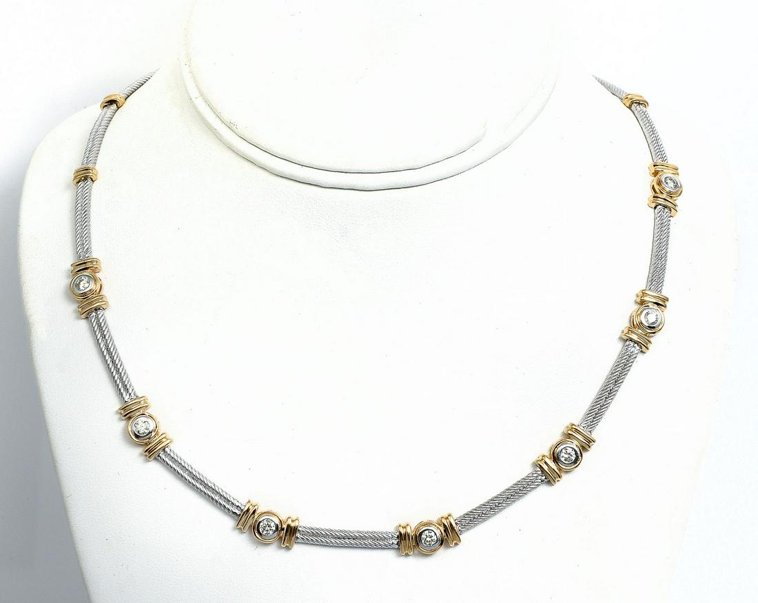 2 TONE 14K & DIAMOND CHARRIOL STYLE CABLE NECKLACE: 2 TONE 14K & DIAMOND CHARRIOL STYLE CABLE NECKLACE: Really beautiful & stylish 17'' 18K necklace with yellow gold diamond set stations and white gold cable links connecting them. Diamonds approx 1.00