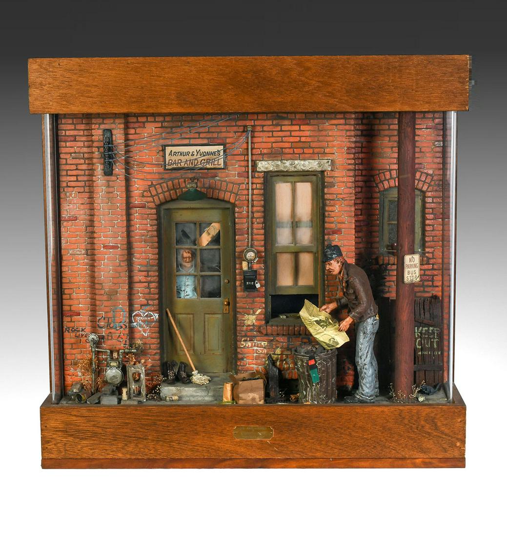 LARGE MICHAEL GARMAN DIORAMA SCULPTURE: LARGE MICHAEL GARMAN DIORAMA SCULPTURE: Cityscape Sculpture, ''Yesterday's News'', 31'' x 32'', working streetlight.