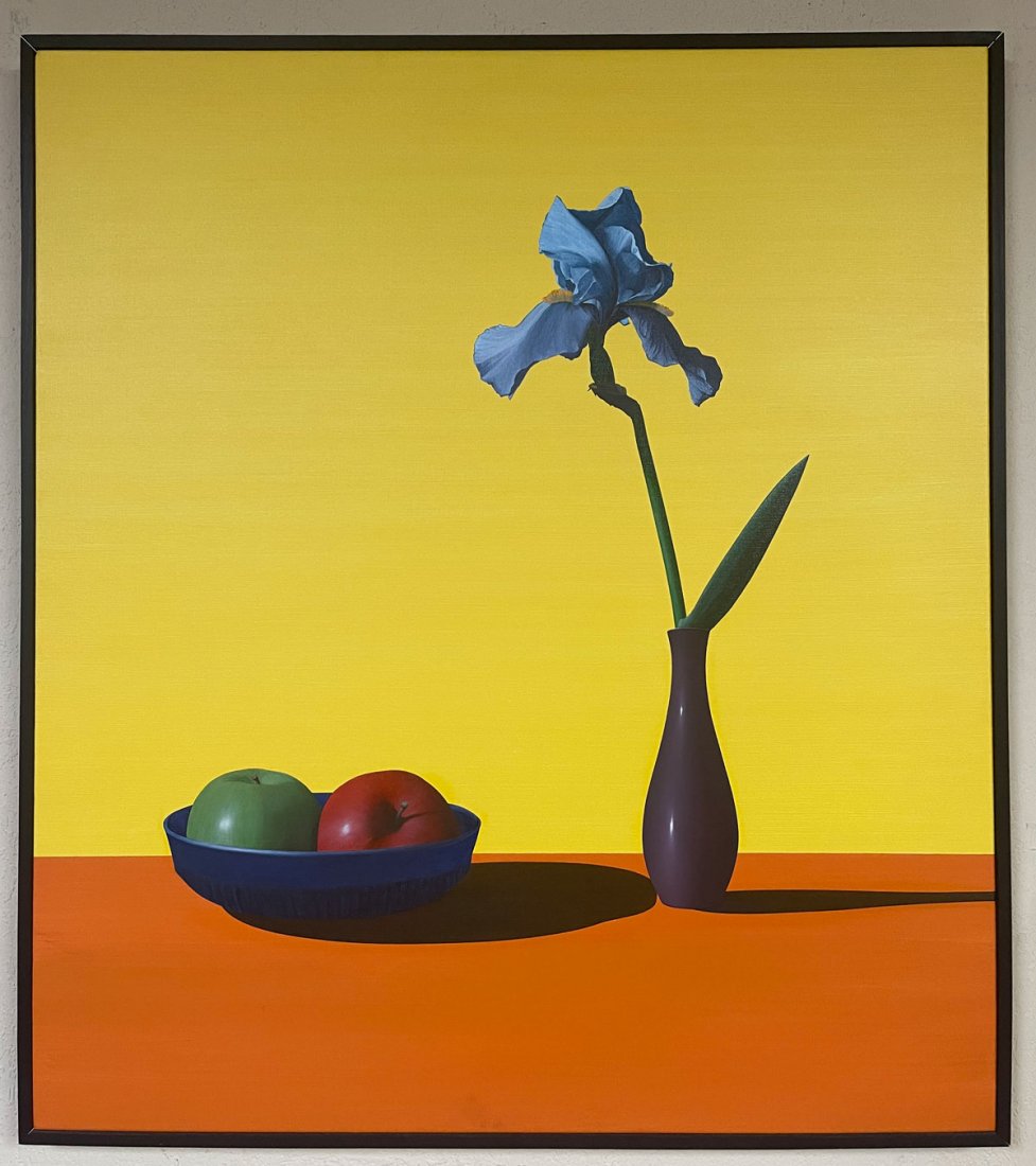 ROBERTO AZANK STILL LIFE WITH IRIS AND APPLES: AZANK, Roberto, (Argentinian, b. 1955): Still Life with Iris and Apples, Oil/Canvas, 34'' x 30'', signed lower right and dated 2001, also signed on the stretcher verso, thin-edge wood frame, 35'' x 31
