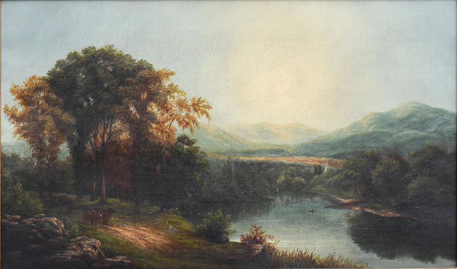 HUDSON RIVER SCHOOL RAATERSKILL CLOVE LANDSCAPE: HUDSON RIVER SCHOOL KAATERSKILL CLOVE LANDSCAPE: Oil/Canvas, 16" x 26.5", partial ...tists 594 WASHI... artist supply label verso, no visible signature, framed, 29.75" x 19.25" x 1.5". 20th century fr