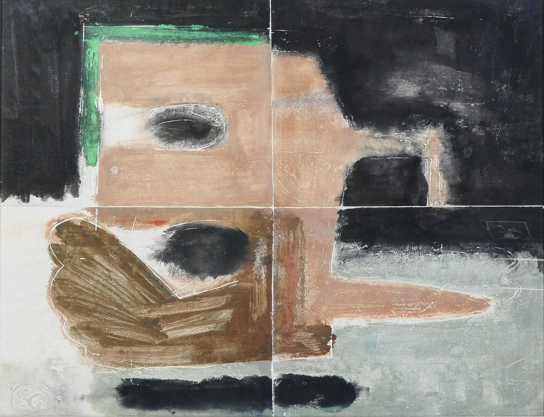 LARGE 4 PANEL SAM GLANKOFF WORK ON PAPER: LARGE 4 PANEL SAM GLANKOFF WORK ON PAPER: 4 Panel Print Painting, PP 4041 71, 38" x 47.5", Kew Gallery, E. 56th St. NYC label verso, monogrammed lower left, framed, 38.25" x 47.75" x 2". Water soluble