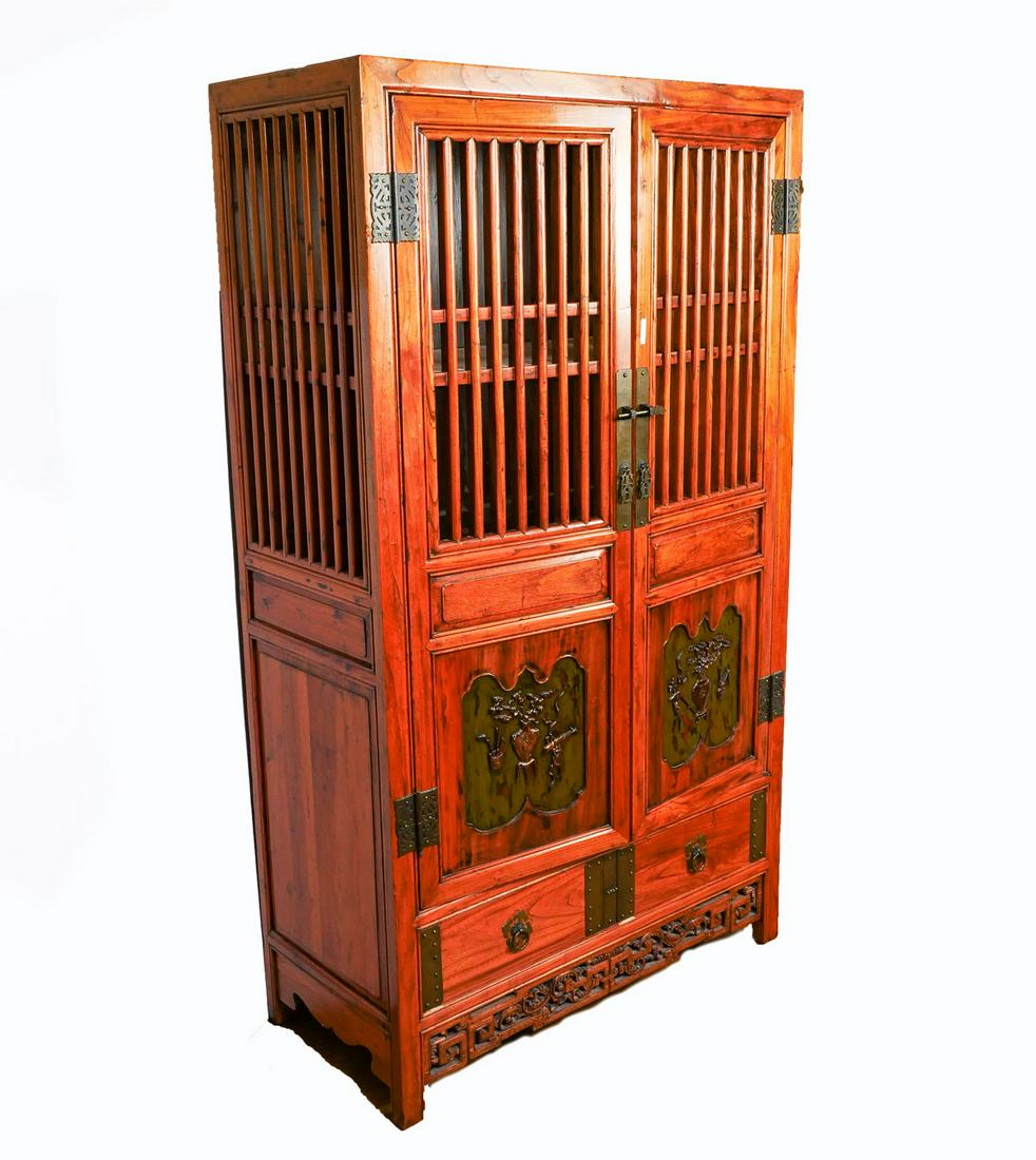 ANTIQUE CHINESE KITCHEN CHEST: ANTIQUE CHINESE KITCHEN CHEST: Qing dynasty 2 door, over 2 drawer of Elm & Chinese Fir wood, in the Ming dynasty style. Lower portion of doors have carved urn & auspicious symbols. Approx. 74.75'' h x