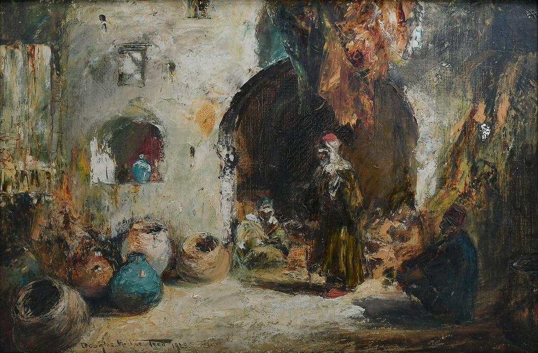 DOUGLAS ARTHUR TEED ORIENTALIST BAZAAR PAINTING: TEED, Douglas, (American, 1864-1929): Backstreet Orientalist Bazaar Scene, Probably Morocco, Oil/Canvas, 20'' x 30'', signed lower left and dated 1923, original faux bamboo style frame, 25'' x 35''.