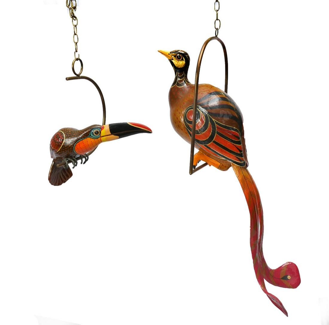 2 PC. SERGIO BUSTAMANTE BIRDS: 2 PC. SERGIO BUSTAMANTE BIRDS: Comprising; 1- Colorful Peacock resting on a custom swing. Signed, #93/100. 1- Toucan resting on a custom swing. Signed, #39/100. Both acrylic on paper mache. Largest Ap